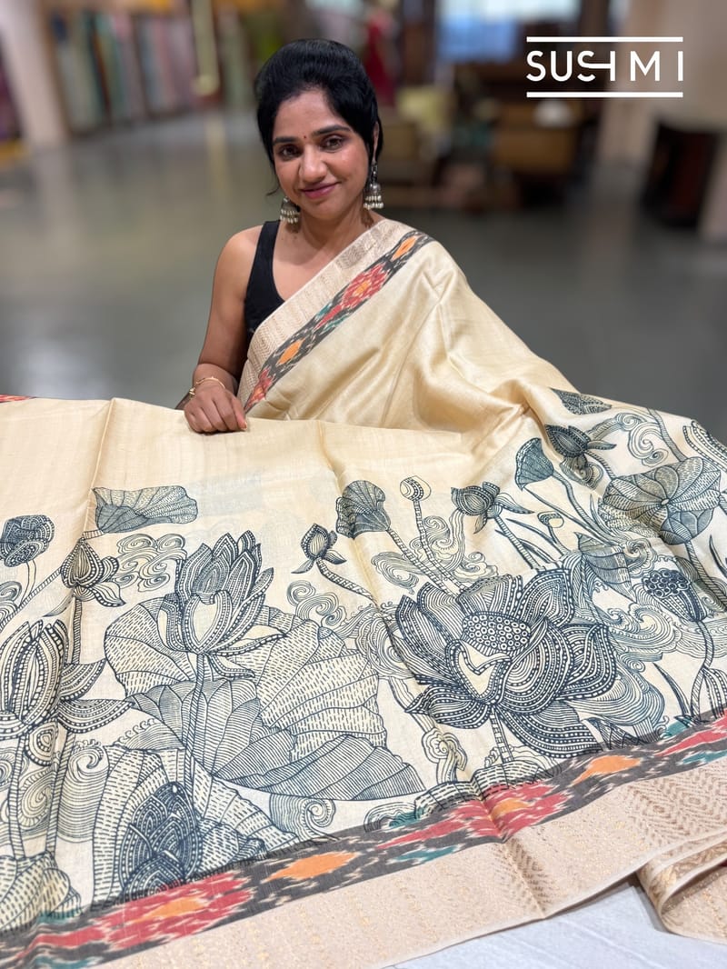 Ivory Tussar pen kalamkari printed saree