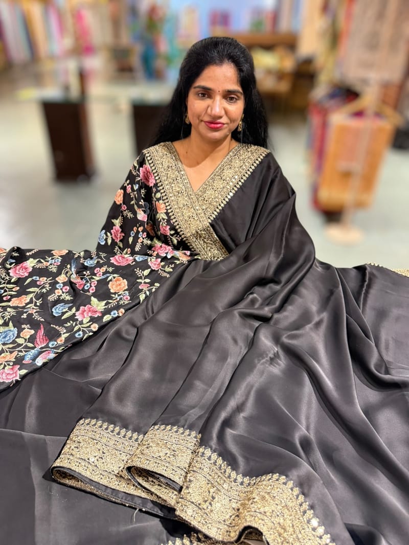 Black Pure Satin Saree with Sabhyasachi Borders SS50583