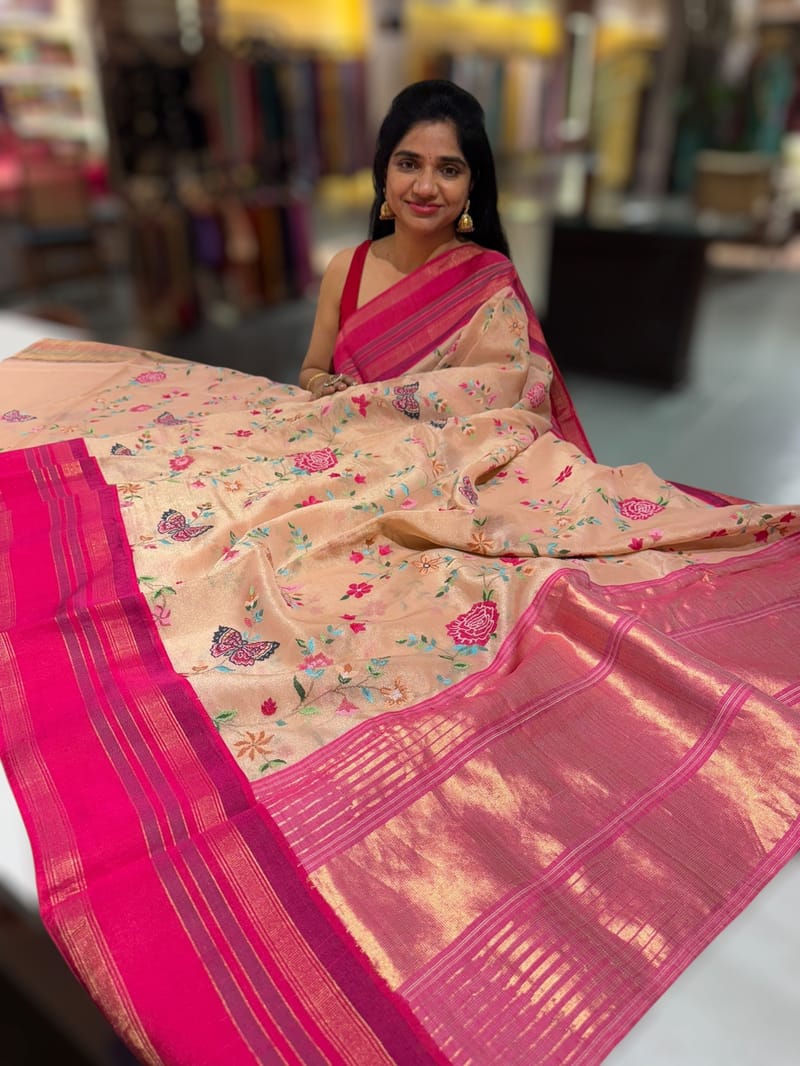 Peach Tissue Gorgette Fusion Saree with vidarbha Borders