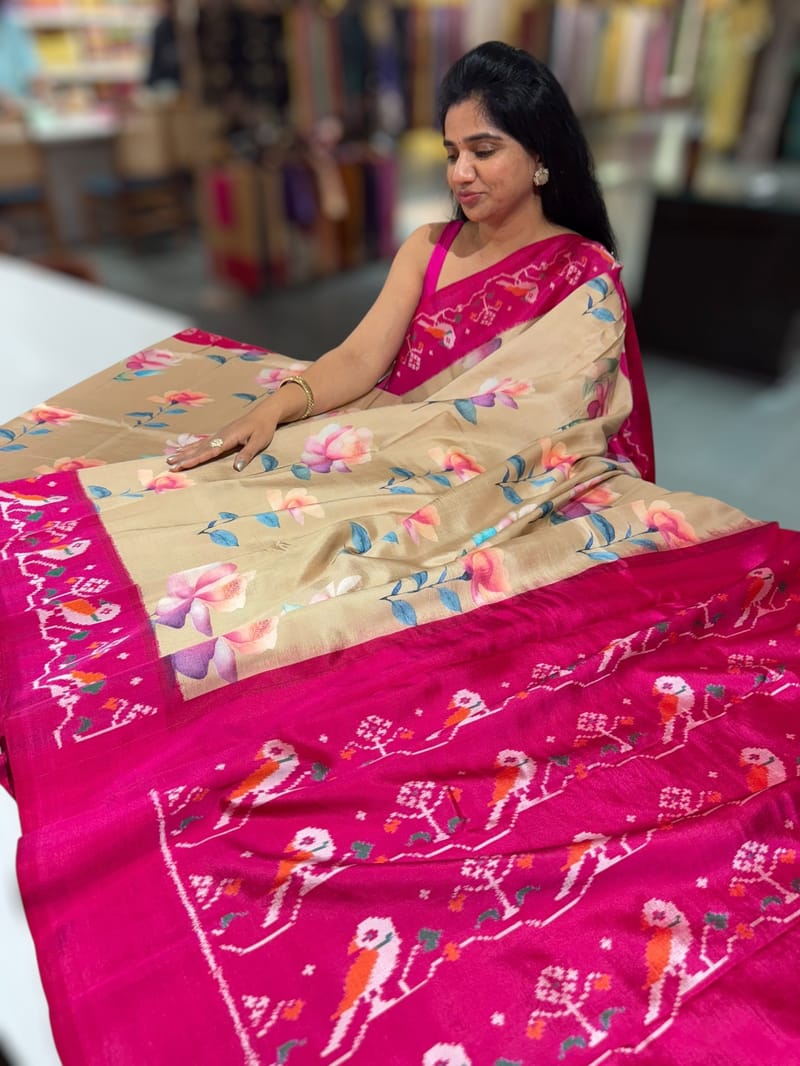 Chickoo & Pink combo Printed ikkath Patola saree SS50344