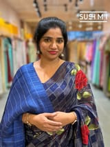 Midnight Blue muslin tissue checks saree with hibuscus emb