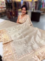 Earthy Tone Mul Tissue Stripes Saree With Tissue Cutwork  Border & Blouse
