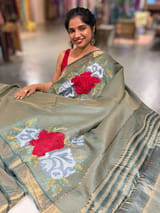 Sage Green Tussar Brocade Saree With Statement Red Rose Embroidery SS50469