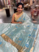 Pastel Blue checks tissue with allover rose embroidery