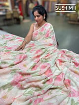 Ivory printed georgette saree with handwork : S62F198