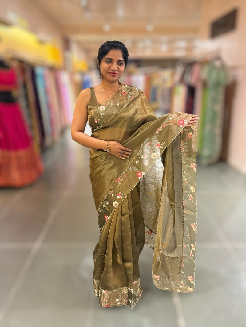 Mehendi Pure Tissue Saree with embroidered border