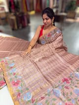 Mauve Brown pure handloom Tussar Vintage Checks Saree with Jamdani inspired embroidered border SS50466