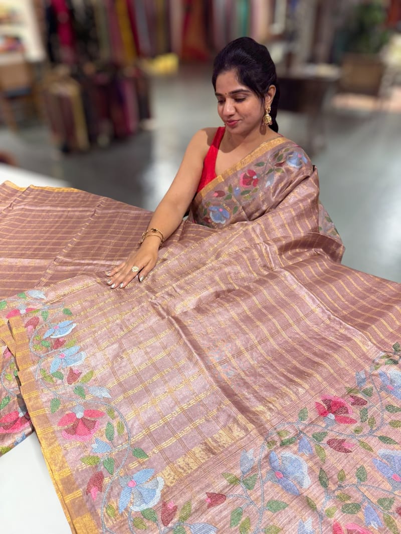 Mauve Brown pure handloom Tussar Vintage Checks Saree with Jamdani inspired embroidered border SS50466