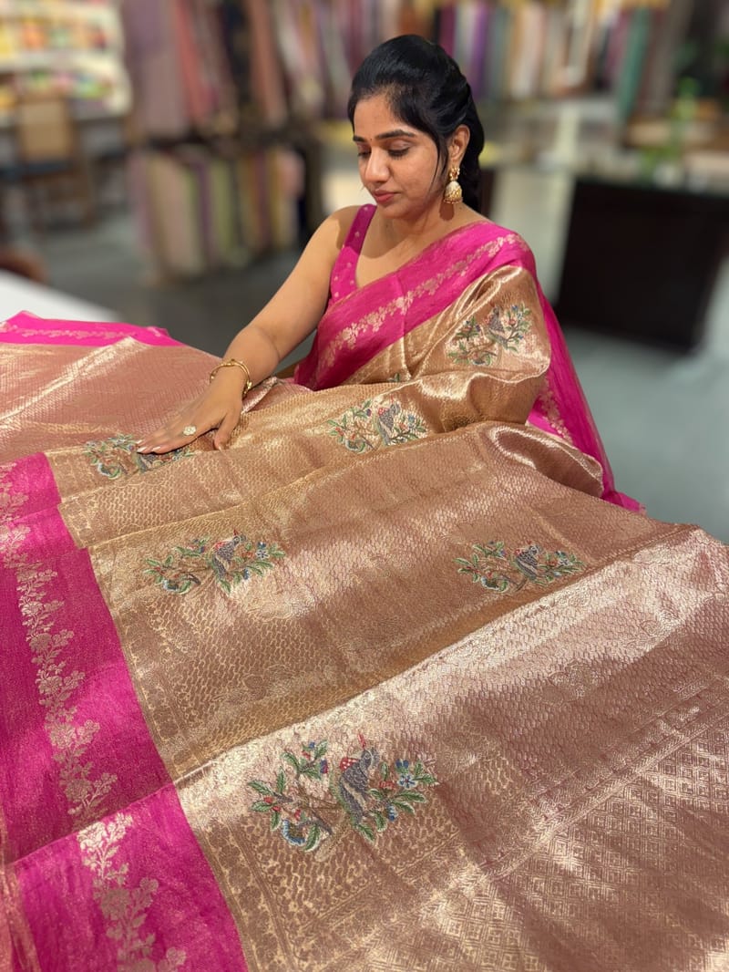 Pink Banarasi Brocade Tissue with embroidery