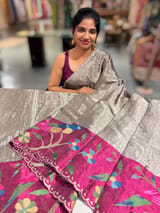 Greyish Silver Chanderi Tissue Saree with pythani inspired parrot embroidered border SS50230
