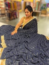 Navy Georgette Saree with stick on Badla in zigzag pattern