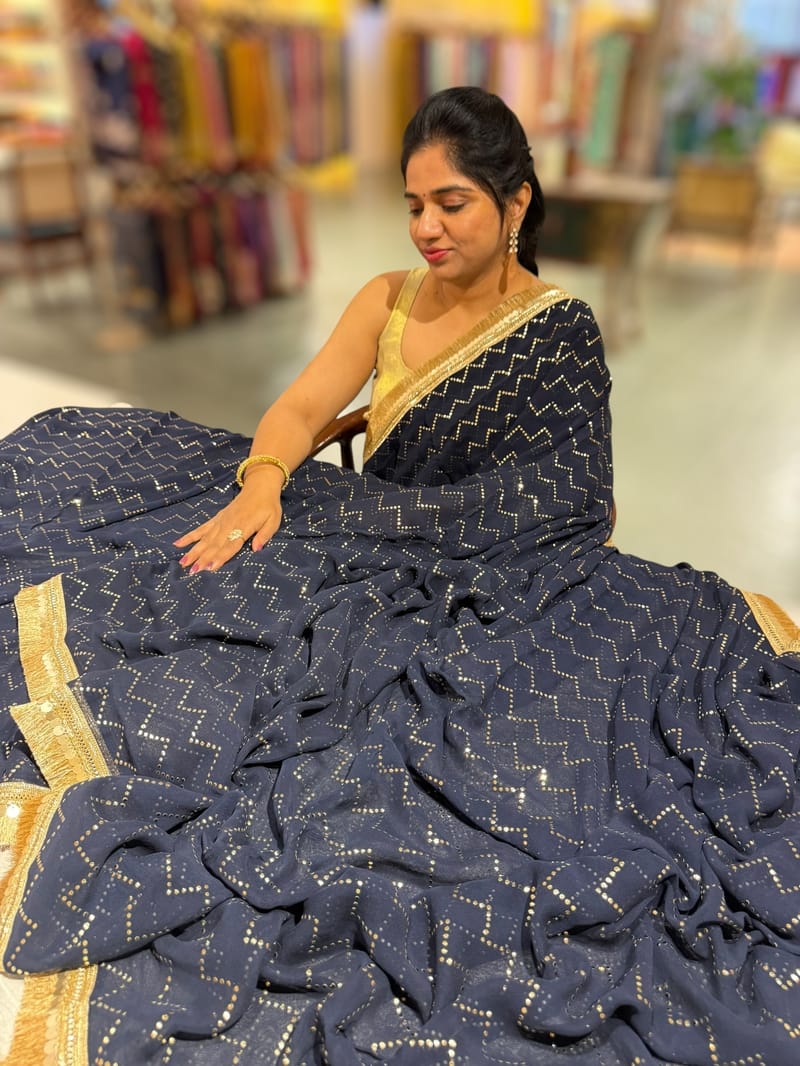 Navy Georgette Saree with stick on Badla in zigzag pattern