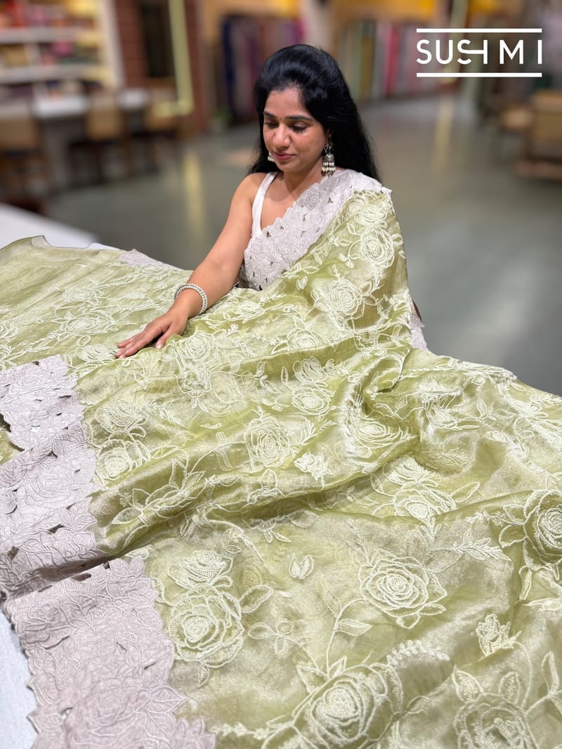 Apple green  Designer Tissue with embroidery
