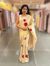 Ivory Kanjeevaram Brocade Saree With Hibiscus Floral bunches embroidery SS50195