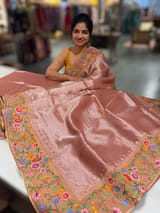 Dusty Pink Tissue Stripes Saree with petite point Embroidered tissue border and blouse . SS50423