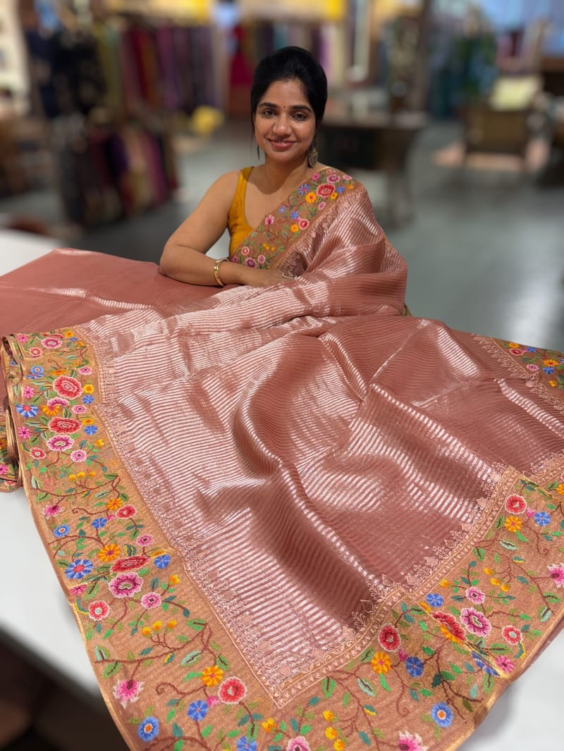 Dusty Pink Tissue Stripes Saree with petite point Embroidered tissue border and blouse . SS50423