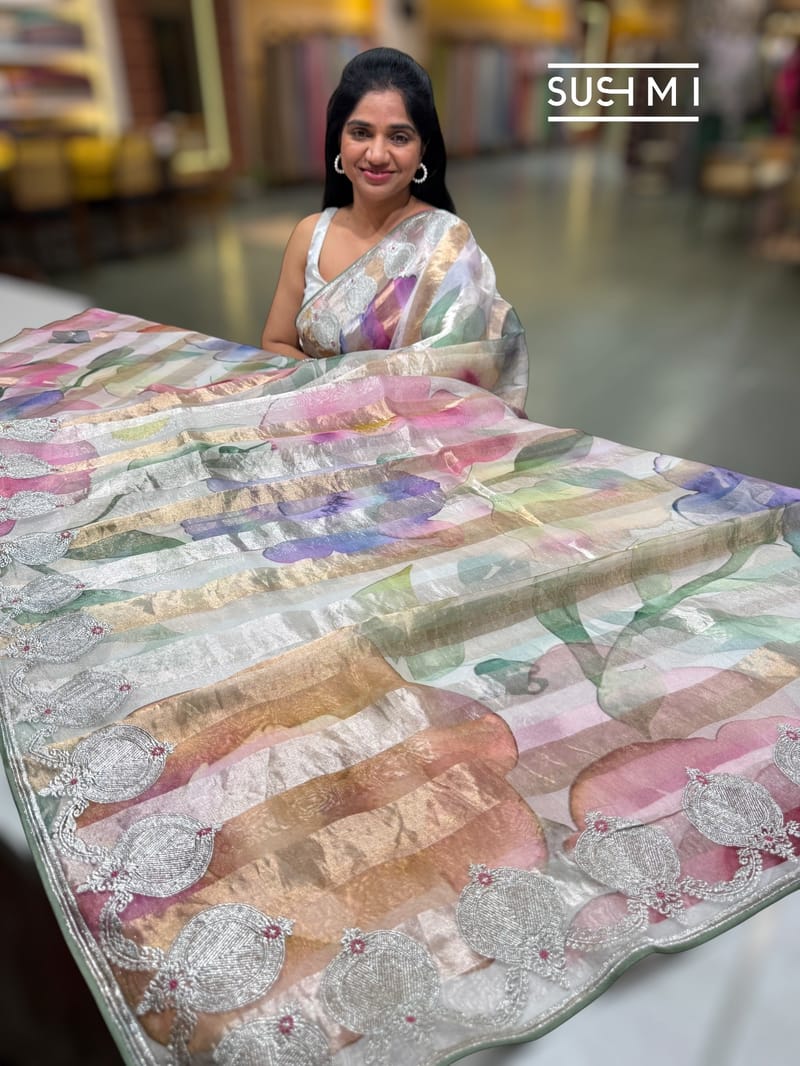 Printed Organza Tissue stripes saree with embroidery