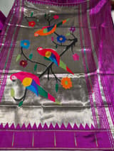 Purple Pure handloom paithani silk saree with single muniya border