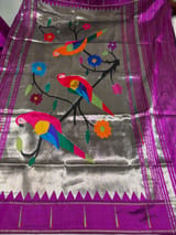 Purple Pure handloom paithani silk saree with single muniya border