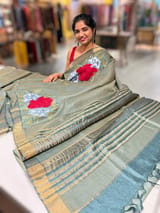 Sage Green Tussar Brocade Saree With Statement Red Rose Embroidery SS50469