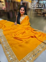 Marigold yellowish Orange Satin Saree with sabyasachi borders : D62F046