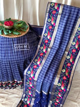 Midnight Blue Vintage checks Kanjeevaram soft silk saree with embroidery D62F040