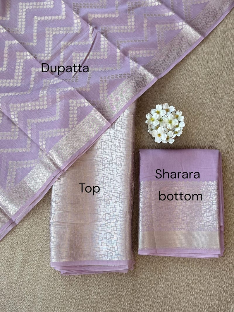 Lilac Banarasi Mul Silk Brocade 3-pc Sharara Suit set : SS62J15