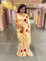 Ivory Kanjeevaram Brocade Saree With Hibiscus Floral bunches embroidery SS50195