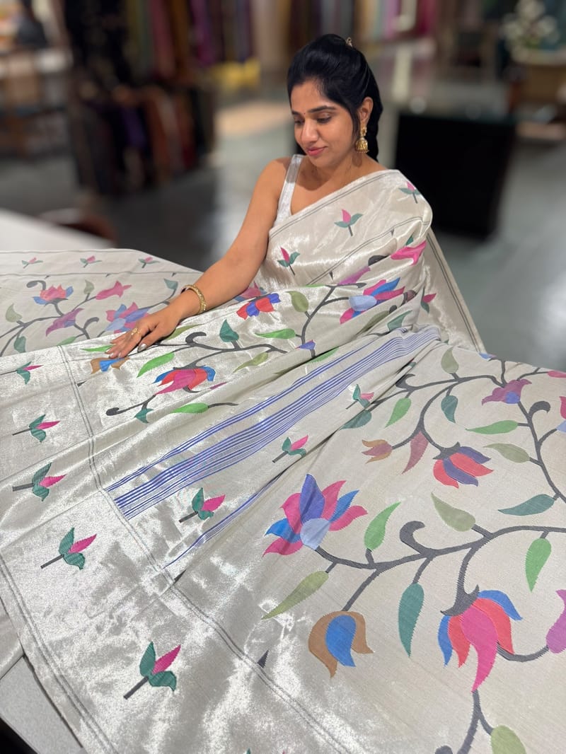 Pure Handloom Allover Silver Tissue Pythani Saree