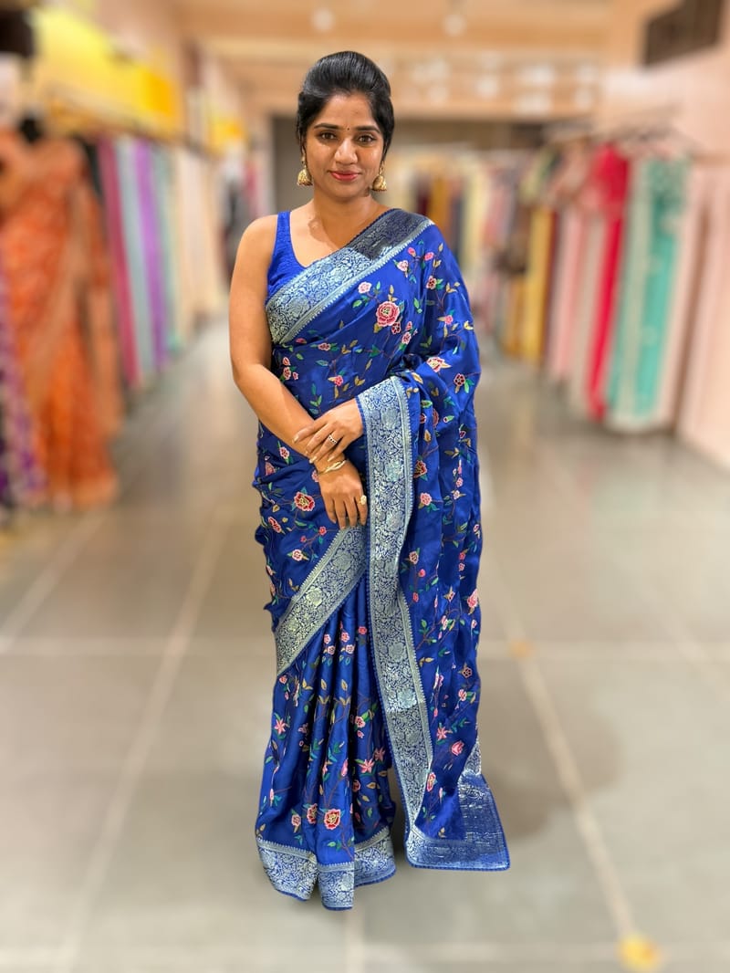 Royal Blue Mashru Banaras with petite Point embroidery SS5008