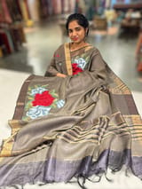 Elephant Grey Tussar Brocade Saree With Statement Red Rose Embroidery.