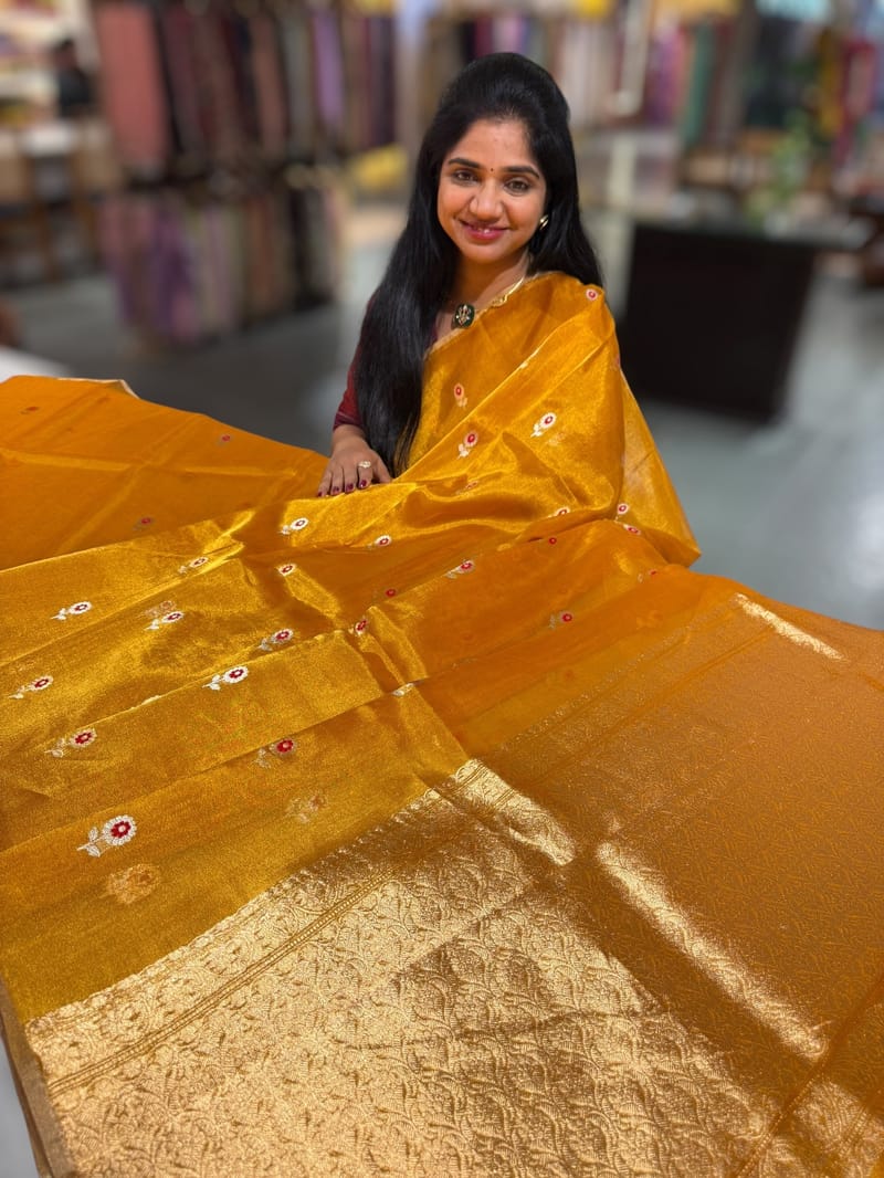 Orange Handloom Banarasi Tissue with meenakari sona rupa flower motifs SS50392