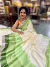 Ivory & Green Combo Chinnon Crepe Saree with Gotapatti Borders SS50611