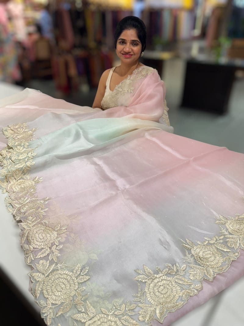 Ombre dyed Pure Organza Saree with parsi gara embroidery SS50279