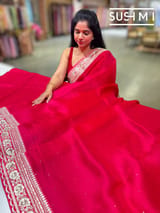 Dark Pink pure Organza with sabhya borders : S62F147