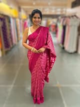 Beetroot Pink Cambodian–inspired Ikkat Silk Saree with cutwork Rose Border
