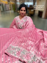 Coral Pink mul tissue Saree with embroidery