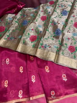 Ruby Pink Handloom Banarasi Tissue with meenakari sona rupa flower motifs