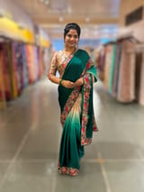 Chickoo and emerald Green Pure Satin Ombre Dyed Saree with Petite Point Embroidered Border and blouse.