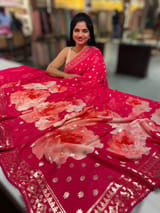 Reddish Pink georgette sequence saree with statement floral print SS5048