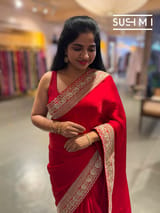 Red Satin Saree with sabyasachi borders : D62F054