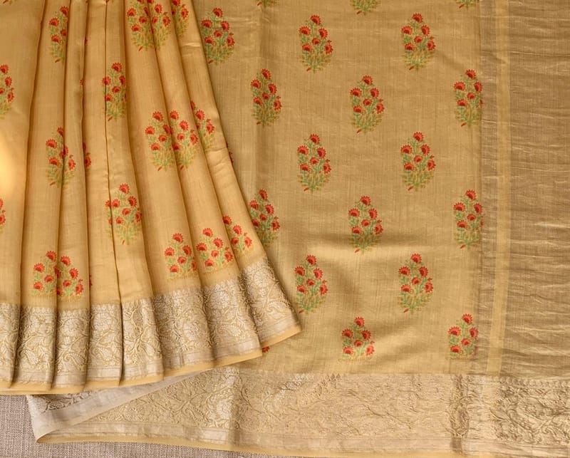 Besan Yellow Printed Chanderi Silk Saree with zari border SS50366