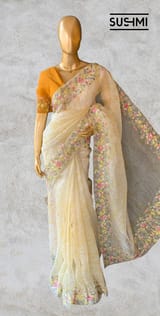 Pastel Yellow shibori printed pure organza saree DSCL043