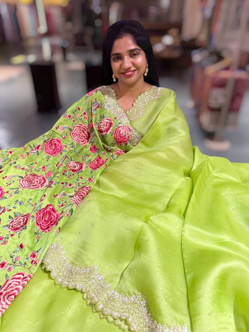 Apple Green Pure Organza Handwork Saree with heavy Designer Blouse