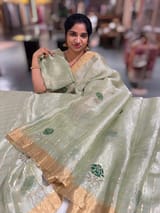 Pastel green checks tissue with allover rose embroidery SS50400