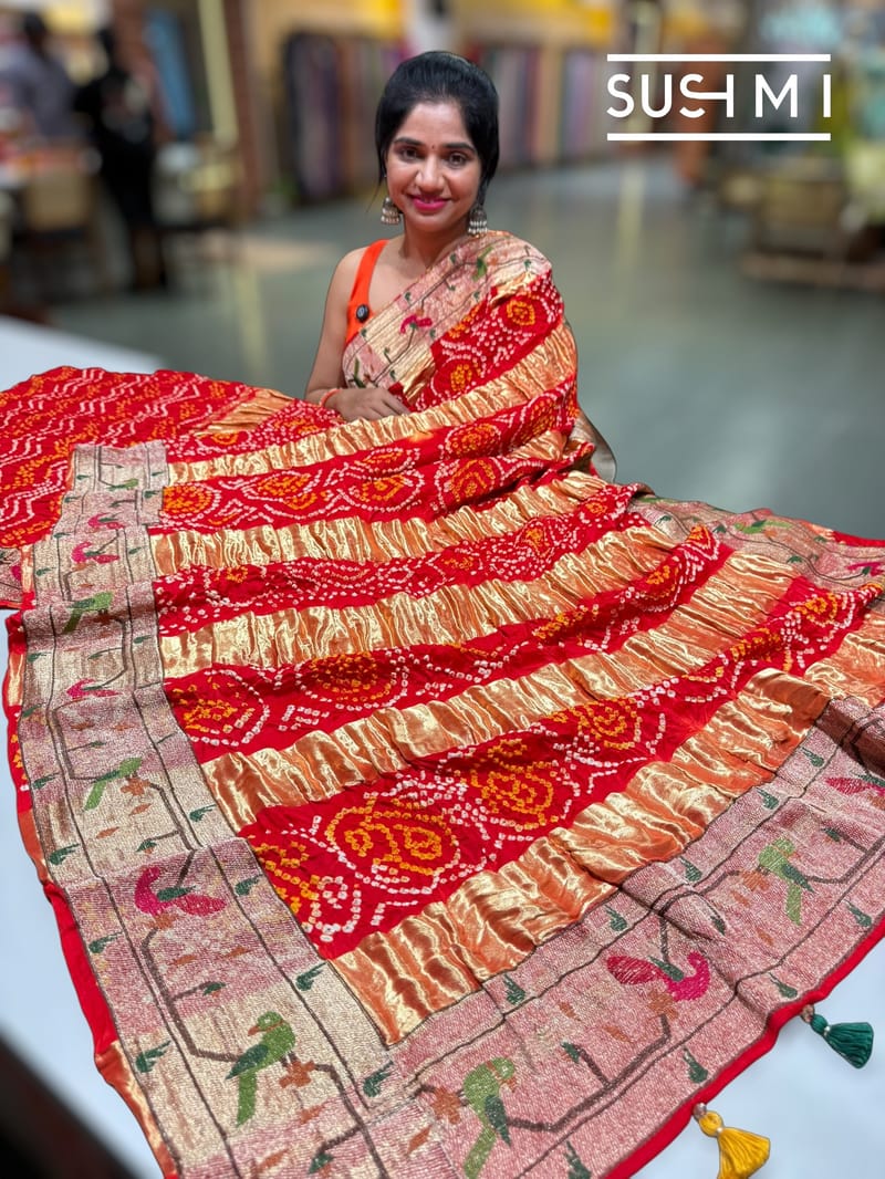 Orange bandhej saree with embroidery : S62F204