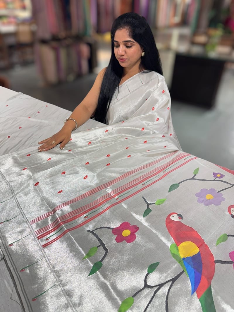Silver Pure handloom paithani tissue  saree SS50374