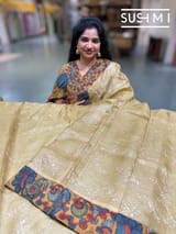 Champagne beige Silk kota and pen kalamkari fusion saree with pita emb
