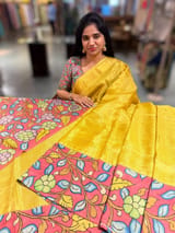 Lime Yellow gold Handloom Tissue & Pen kalamkari fusion Saree