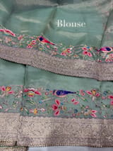 Mint Organza Banarasi Fusion Saree with Bird Appliqué